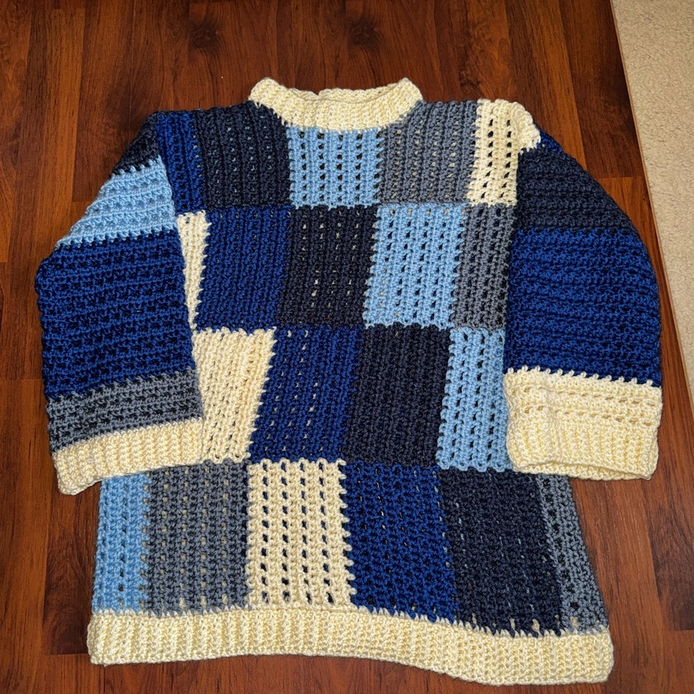 Patchwork Knit Sweater - Blue, Gray, Cream Handmade Crochet One Of A Kind Sz S